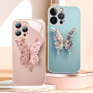 Coque en Verre Plat Motif Papillon 3D Compatible avec iPhone